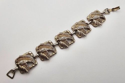 Double Leaf Armband silberfarben & goldfarben Akzent 7,5" schwer Statement Vintage