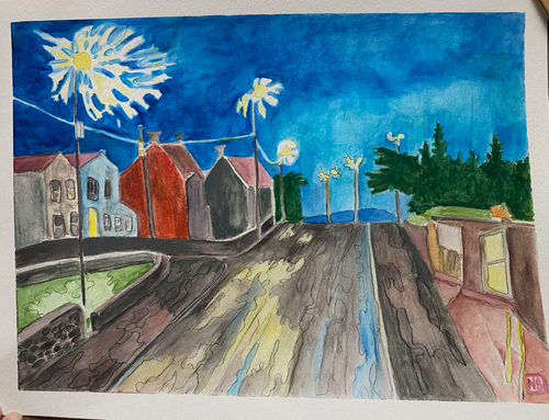 Irish Painting NIGHT WALK, CASTLETOWNBERE Cork Ireland Watercolor 8x11 Sullivan - Picture 1 of 2