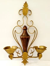 Candle Wall Sconce Hollywood Regency MCM Wood Metal Double Gold Floral Leaf