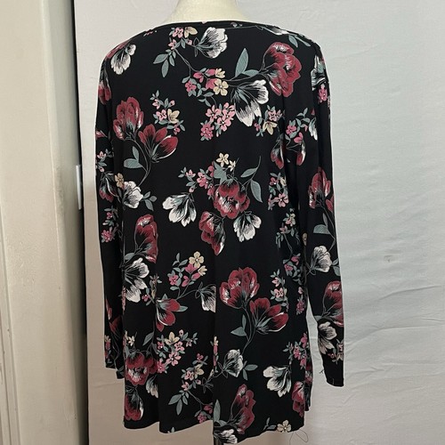Terra & Sky Blouse Top Women 2X Black Floral 3/4 Sleeve Cotton Blend Free Shipp - Picture 4 of 7