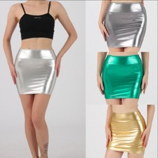 Luxallacki Shiny Metallic Wet Look Mini Skirt Stretchy Bodycon Wrap Hip Skirt
