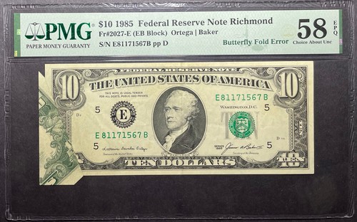 $10 1985 Federal Reserve Note - "Butterfly" Printed Fold Error - PMG 58 EPQ