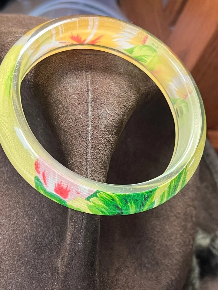 Brazalete Brazalete Vintage Amarillo Pálido con Flor Tropical Naranja o Rosa Plástico Grueso Foto 4 de 4