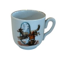 Antique Child's Tea Cup Monkey w/ Dog Jumping Thru Hoop Porcelain Gold Trim