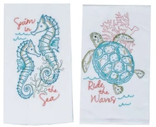 Sea Turtles And Seahorses Embroidered Kitchen Flour Sack Towels Set