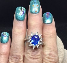 Silver Tone Blue  Clear Cz Stone Fashion Ring Sz 6.75 H084