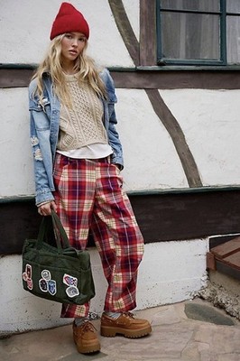 Free People Pull On Pants Red Plaid Nice Choice Boho Vacay Retro Large New