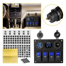 4 Gang Blue LED Rocker Switch Panel Circuit Breaker Waterproof Car Marine Boat