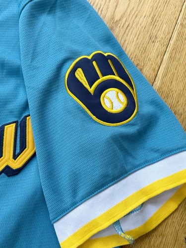 #22 Christian Yelich Milwaukee Brewers City Connect maglia cucita uomo taglia L - Foto 5 di 10