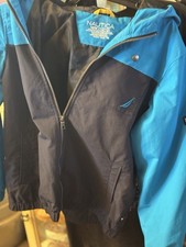 Nautica Boys Windbreaker Jacket Nylon Blue Black Hooded Full Zip M/M 10/12 