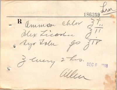1918 Litchfield IL Corner Drug Store Rx Script Spanish Flu Hexamethylenamine