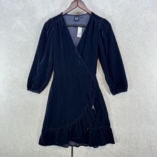 GAP Dress Womens XS Blue Velvet Wrap Mini Ruffle Hem 3/4 Sleeve Party Cocktail