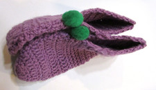 New Vintage 1960's Hand Knitted Crocheted Purple Slippers 9" Long