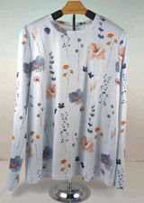 NEW Women's Floral Blue Flower Print Round Neck Casual Long Sleeve Top Sz Med