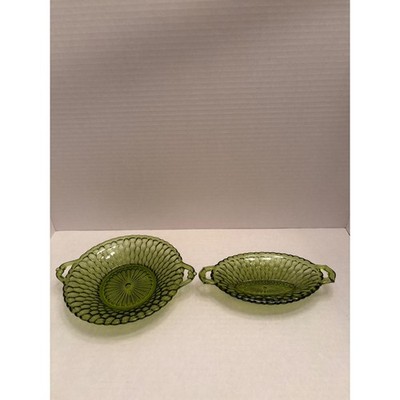 Vintage Green Pressed Glass Bowls Honeycomb Pattern Scalloped Edge Set of 2