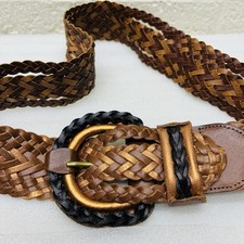 CHICO'S Sz M Brown 100 Leather w/ Black  Copper Colors Braided Wide Belt   EX  