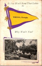 Vienna Georgia Pennant Greeting Postcard 2103 River, Canoes, Vintage