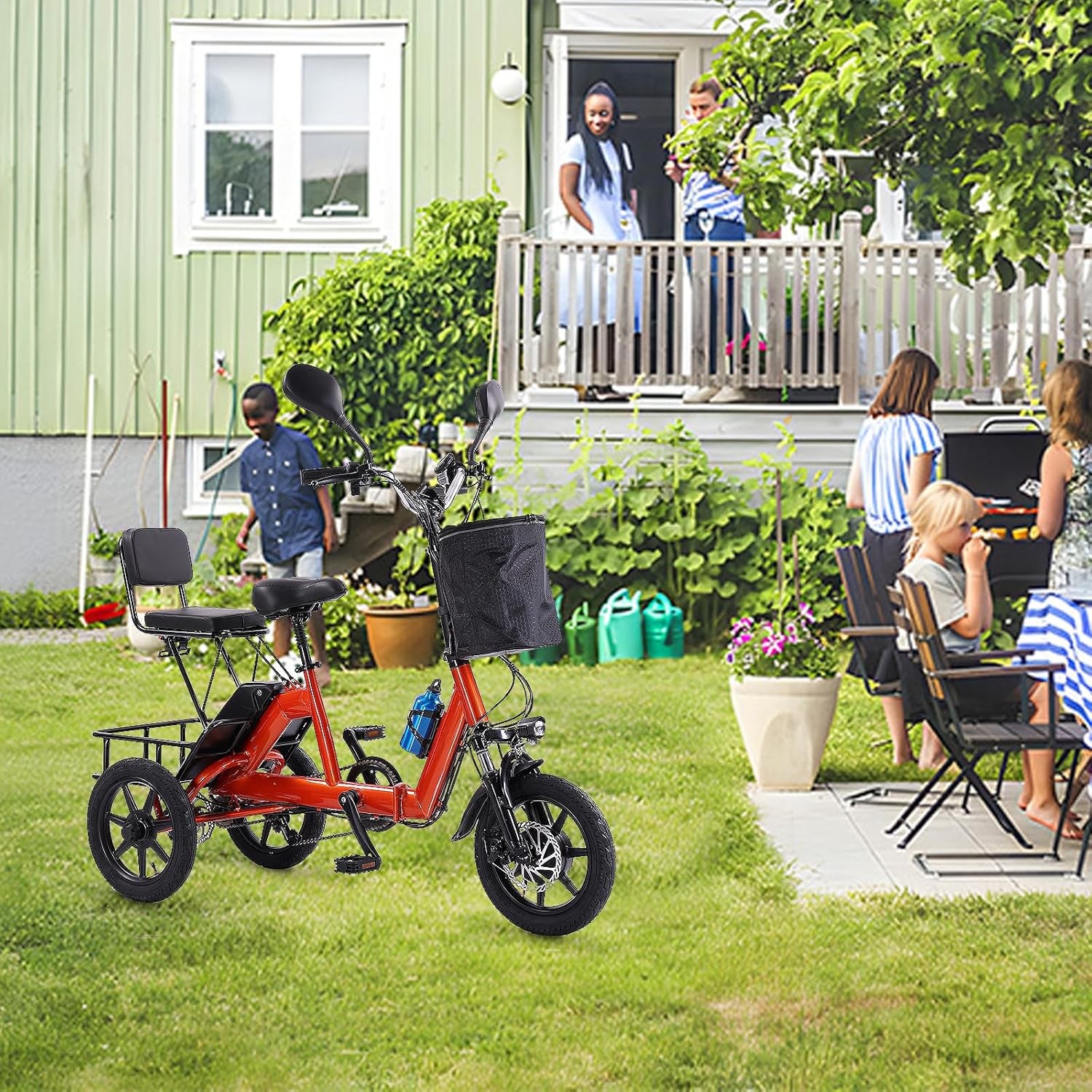 350W 48V Adult Electric folding trike 3 wheel e-bike with 2 Seats Up to 45 Miles