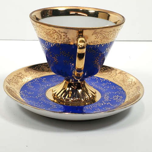 Taza y platillo vintage de porcelana Demitasse tono azul cobalto y dorado - Imagen 2 de 14