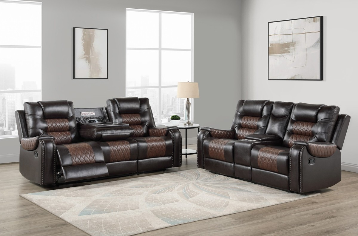 NEW Two-Tone 2PC Leather Gel Brown Sofa Loveseat 4-Recliner Rustic