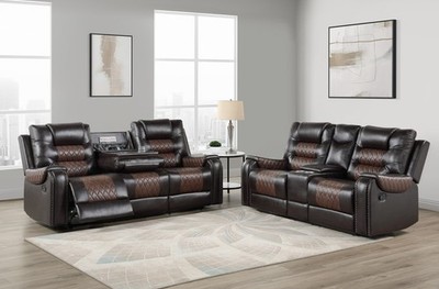 NEW Two-Tone 2PC Leather Gel Brown Sofa Loveseat 4-Recliner Rustic Living Room