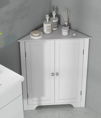WHITE-CORNER-CABINET White Corner Cabinet Wooden Storage Unit Small Modern Cupboard Chic Room Shelf