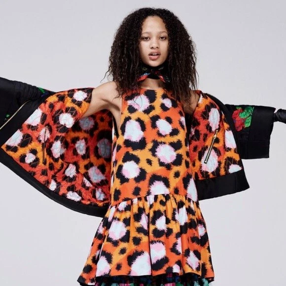 KENZO FOR H M REVERSIBLE ASYMMETRIC HILO ANIMAL GEOMETRIC PRINT 2 WAY SILK DRESS