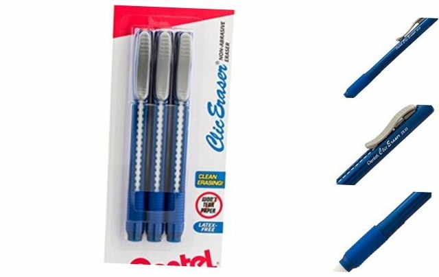 Pentel Clic Eraser Pencil-Style Grip Eraser Assorted 3//Pack ZE21BP3K6