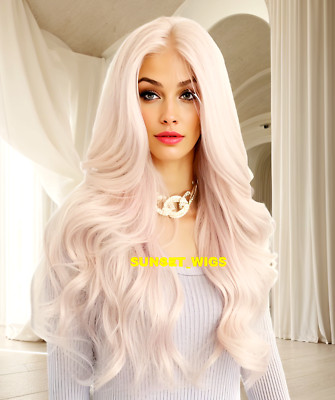 34'' LACE FRONT WIG LONG WAVY LAYERED LIGHT PINK HEAT OK