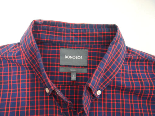 Bonobos Mens Shirt L Slim Fit Navy Blue Red Checkered Long Sleeve Button Collar - Picture 4 of 5