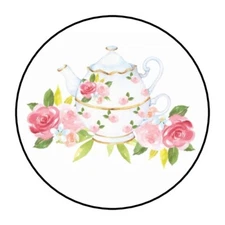 30 WATERCOLOR FLORAL TEA POT ENVELOPE SEALS LABELS STICKERS 1.5" ROUND GIFTS