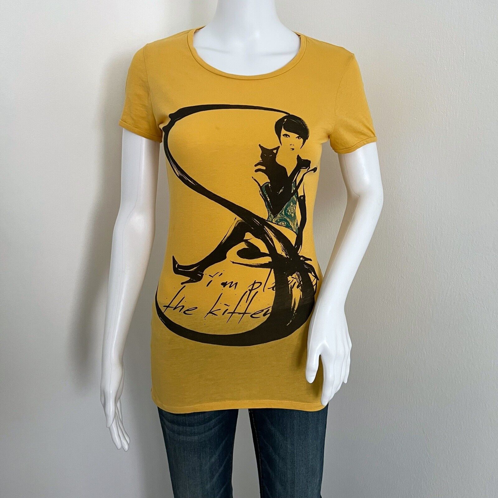 Sisley Women's Tshirt Size XS Yellow Black Cat Lady Short Sleeve Fitted