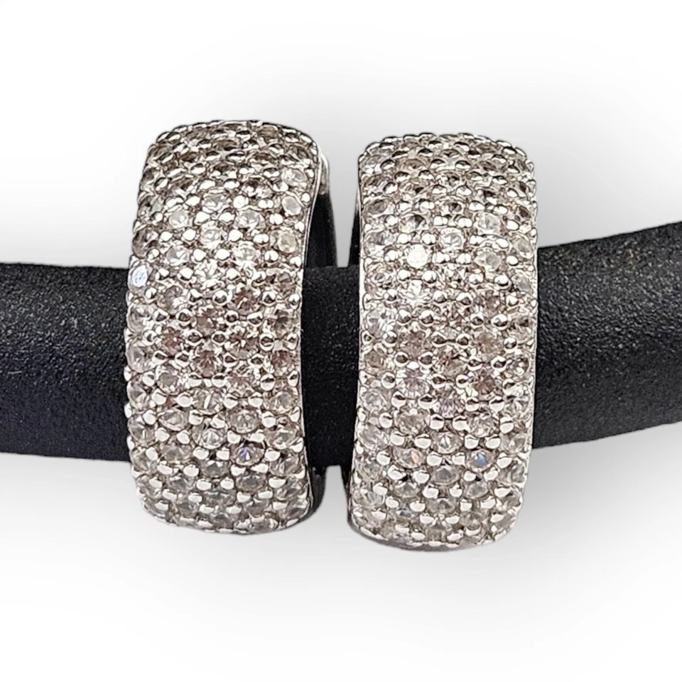 White Topaz Hoop Earrings Sterling Wide Huggie Pave Gemstone 925 Silver 3/4"     - Image 2 of 4