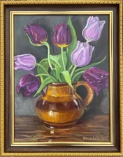 Still life Original Oil Painting Bouquet TULIPS Flowers in vintage ceramic vase
