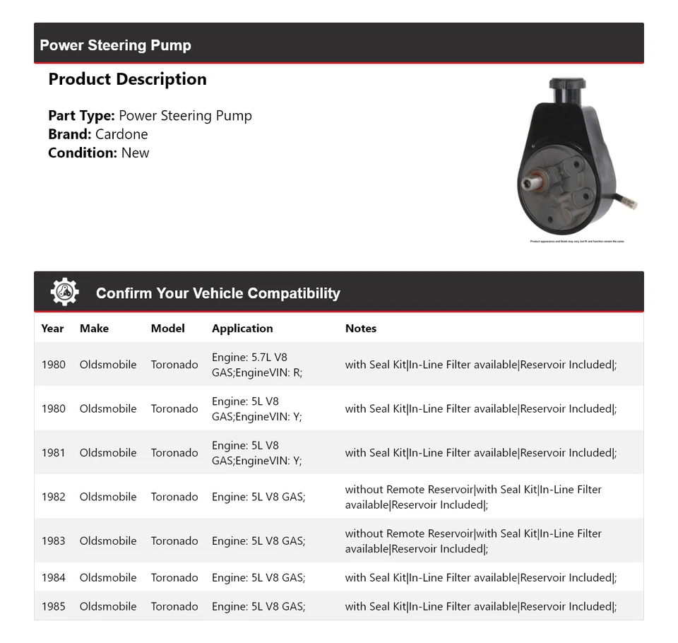 Bomba de dirección asistida Cardone 1981 1982 1983 Oldsmobile Toronado 1980-1985 Foto 2 de 4