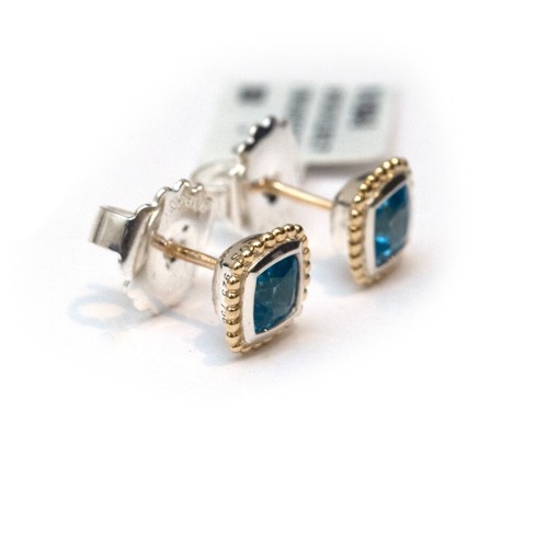 LAGOS New Silver & 18K Gold Caviar Color 7mm Cushion Stud Earrings Blue Topaz - Picture 4 of 9
