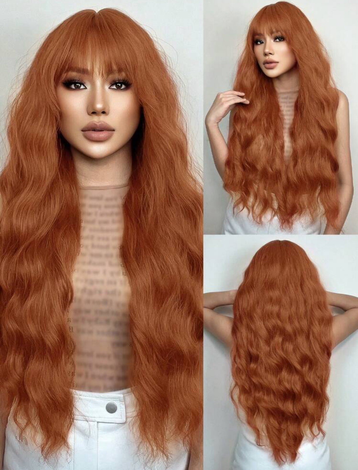 Perruque rousse longue femme à frange pour changer de look facilement lors d'une soirée