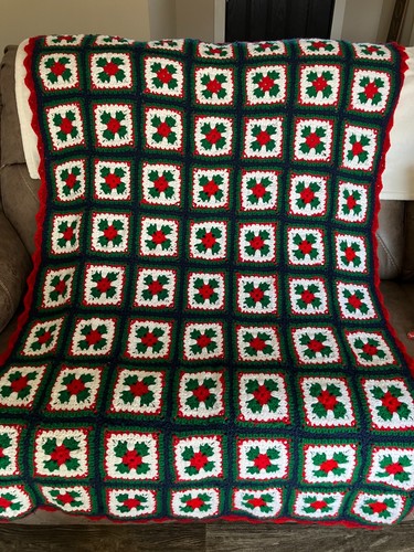 Granny Square Handmade Afghan Beautiful Christmas Colors 42x66 Inches