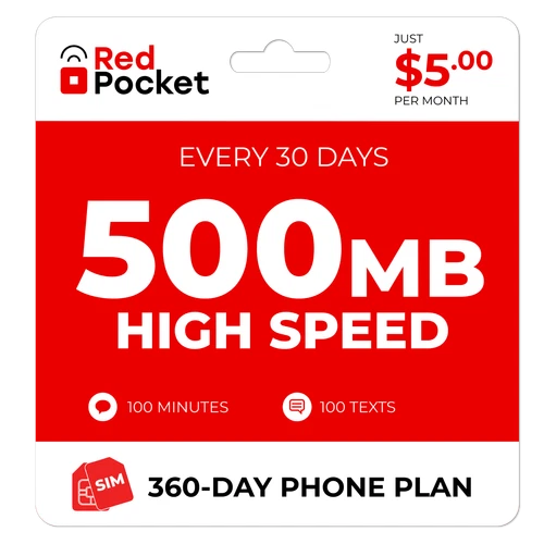 $5/Mo RedPocket Prepaid Wireless Phone Plan+Kit: 100 Talk 100 Text 500MB