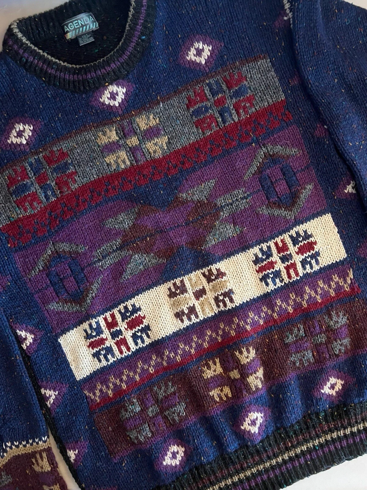 VINTAGE 80S 90S AGENDA NAVY & BLACK MULTI COLOR WOOL ACRYLIC SWEATER 2XLT / XXL