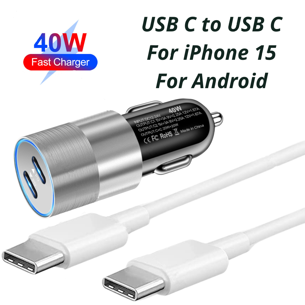 40W USB-C Fast Car Charger For iPhone 15 Pro Max Plus iPad Android Type-C Cable