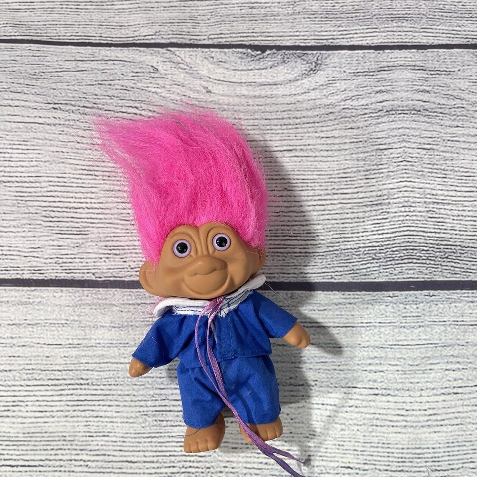 Vintage 1991 T.N.T. Sailor Troll Pink Hair Navy Suit Lucky Charm Toy 90