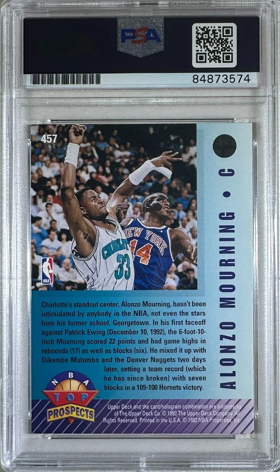 Alonzo Mourning autografado 1993 #457 cartão Topps Charlotte Hornets PSA Encap - Imagem 2 de 3