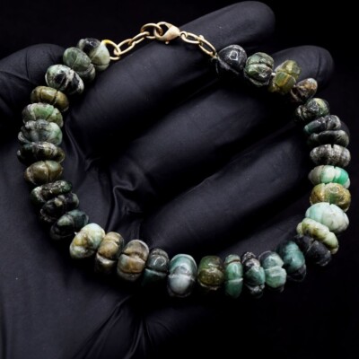 Blume geschnitzt unbehandelt Smaragd 154 kt runde Form Perlen Armband VK 07 E647