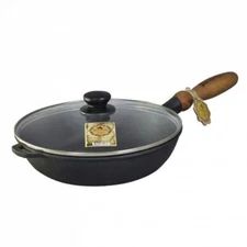 11" Maysternya Ukraine Cast Iron Fry Pan Skillet w/Wooden Handle and Glass Lid