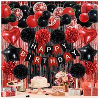 Geburtstagsdeko Rot Schwarz Happy Birthday Girlande Pompons Luftballons Party