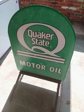 Vintage QUAKER STATE Tombstone SIGN METAL w/ ORIGINAL IRON STAND Gas Station OIL