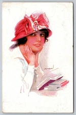 Vintage Art Nouveau Woman in Red Hat Postcard Signed Ucasa 1910s