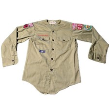 Boy Scouts Of America Shirt Boys Medium Brown Long Sleeve Patches Uniform