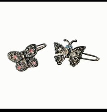 Vintage Silver Tone Butterflies Motif Marcasite Hair Clips Set Of 2 - .75  